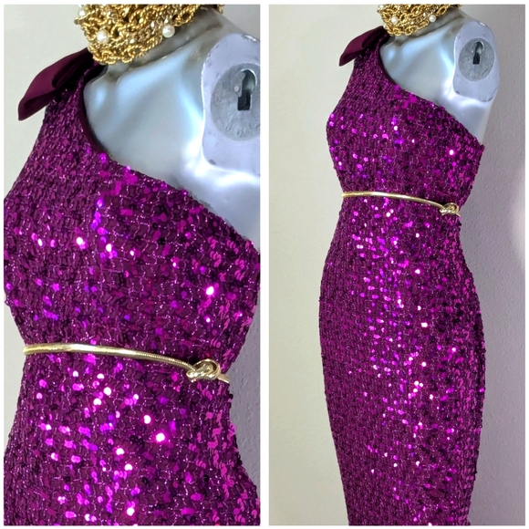 Off Shoulder Sequin Cocktail Evening Attached Chiffon Bow Side Split VTG Dress - Picture 7 of 12